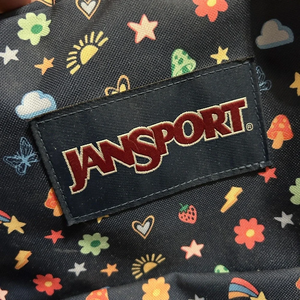 JanSport Cross Town Plus Backpack Navy Whimsical Rainbow Mushroom Print JS0A7ZNZ